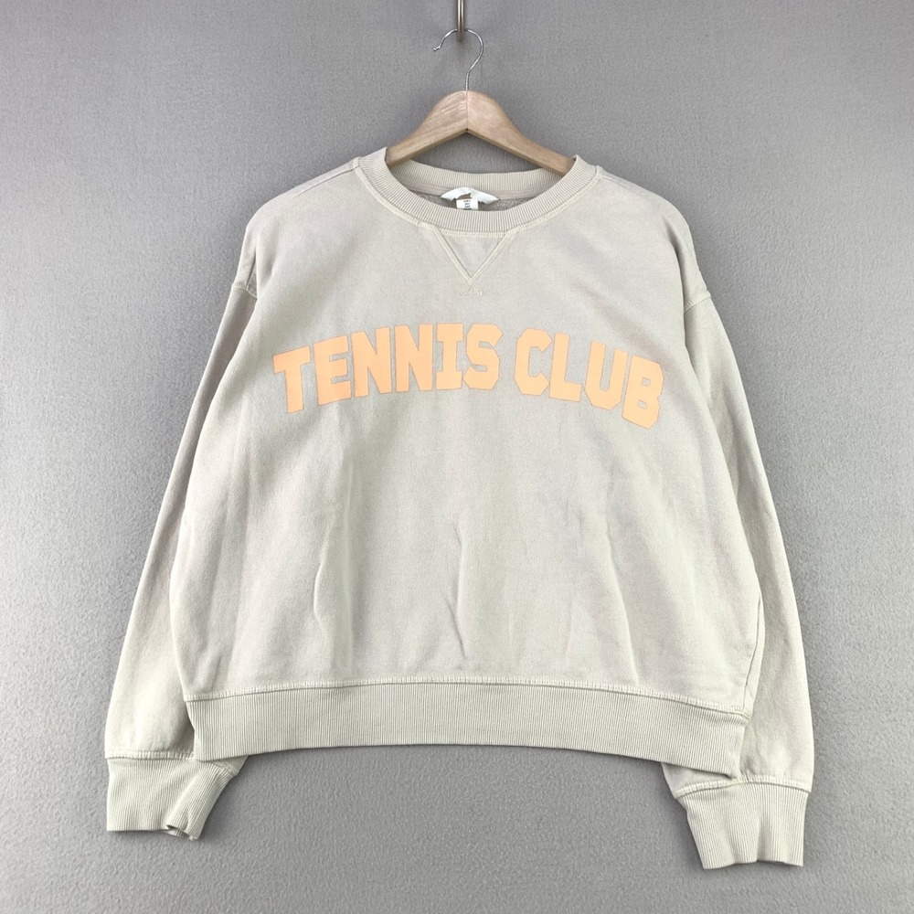 H&M Tennis Club Sweatshirt Women S Beige Athleisure Graphic Pullover Blokecore